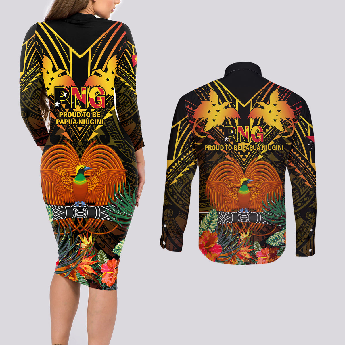Papua New Guinea Central Province Couples Matching Long Sleeve Bodycon Dress and Long Sleeve Button Shirts Papua Niugini Coat Of Arms With Flag Style LT14 - Polynesian Pride