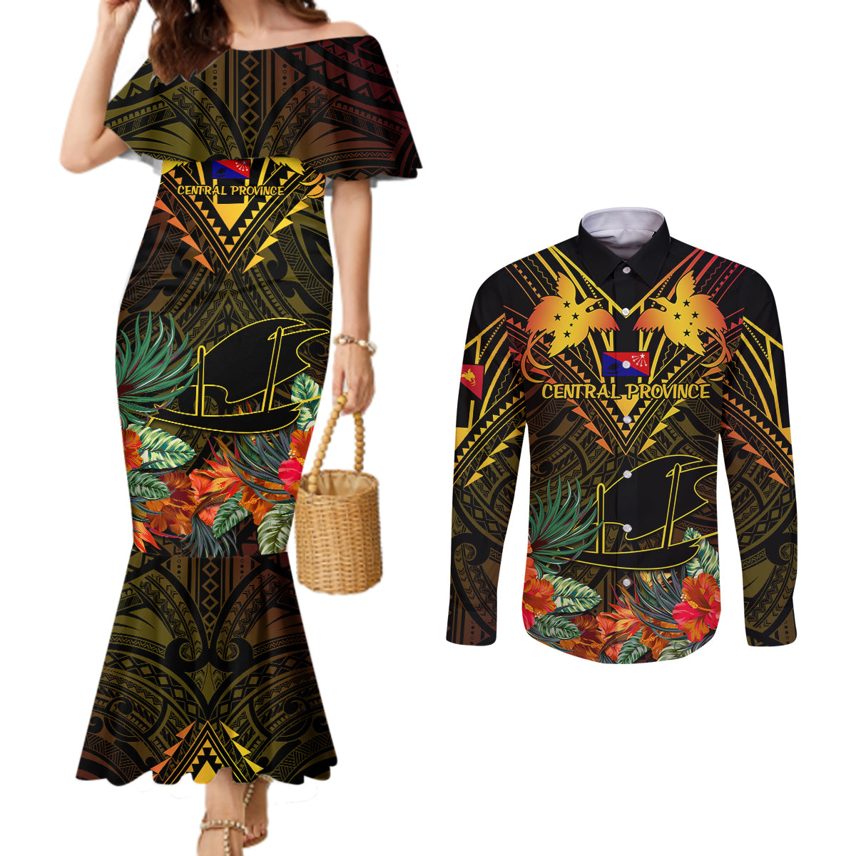 Papua New Guinea Central Province Couples Matching Mermaid Dress and Long Sleeve Button Shirts Papua Niugini Coat Of Arms With Flag Style LT14 Black - Polynesian Pride