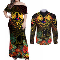 Papua New Guinea Central Province Couples Matching Off Shoulder Maxi Dress and Long Sleeve Button Shirts Papua Niugini Coat Of Arms With Flag Style LT14 Black - Polynesian Pride