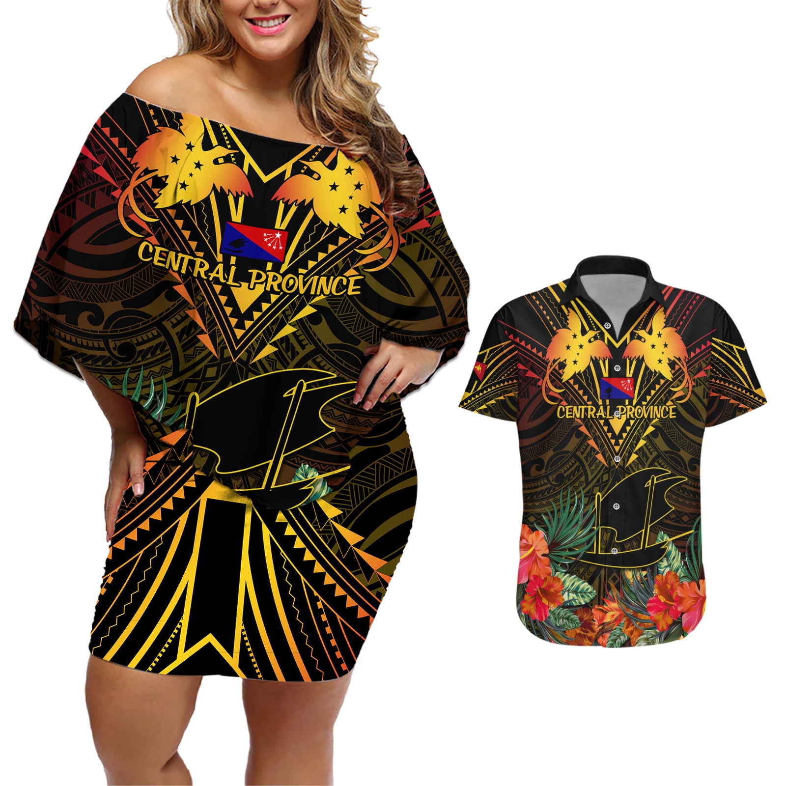 Papua New Guinea Central Province Couples Matching Off Shoulder Short Dress and Hawaiian Shirt Papua Niugini Coat Of Arms With Flag Style LT14 Black - Polynesian Pride