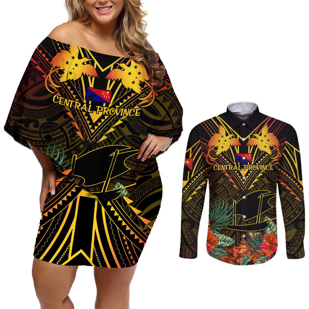 Papua New Guinea Central Province Couples Matching Off Shoulder Short Dress and Long Sleeve Button Shirts Papua Niugini Coat Of Arms With Flag Style LT14 Black - Polynesian Pride