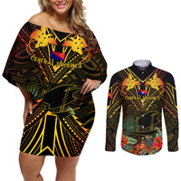 Papua New Guinea Central Province Couples Matching Off Shoulder Short Dress and Long Sleeve Button Shirts Papua Niugini Coat Of Arms With Flag Style LT14 Black - Polynesian Pride