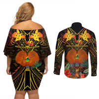Papua New Guinea Central Province Couples Matching Off Shoulder Short Dress and Long Sleeve Button Shirts Papua Niugini Coat Of Arms With Flag Style LT14 - Polynesian Pride