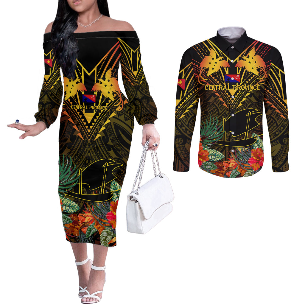 Papua New Guinea Central Province Couples Matching Off The Shoulder Long Sleeve Dress and Long Sleeve Button Shirts Papua Niugini Coat Of Arms With Flag Style LT14 Black - Polynesian Pride