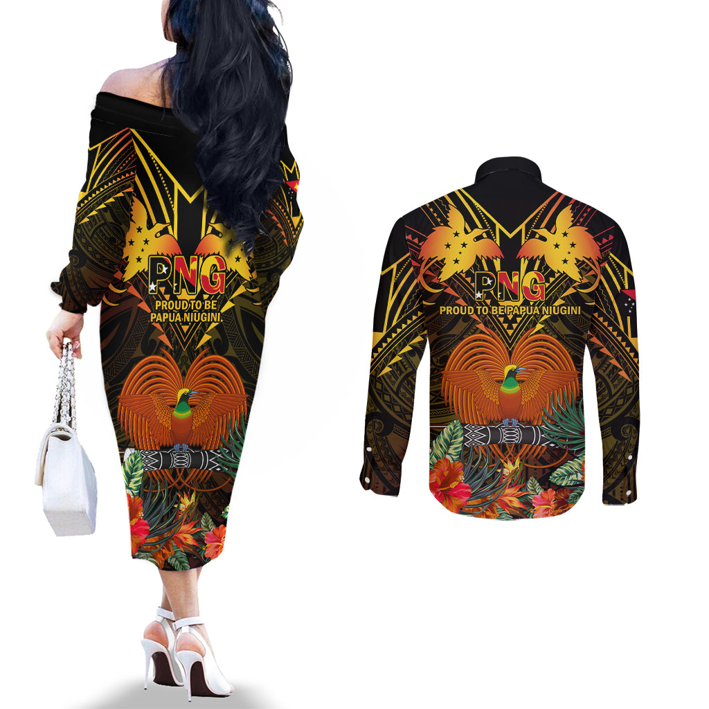 Papua New Guinea Central Province Couples Matching Off The Shoulder Long Sleeve Dress and Long Sleeve Button Shirts Papua Niugini Coat Of Arms With Flag Style LT14 - Polynesian Pride