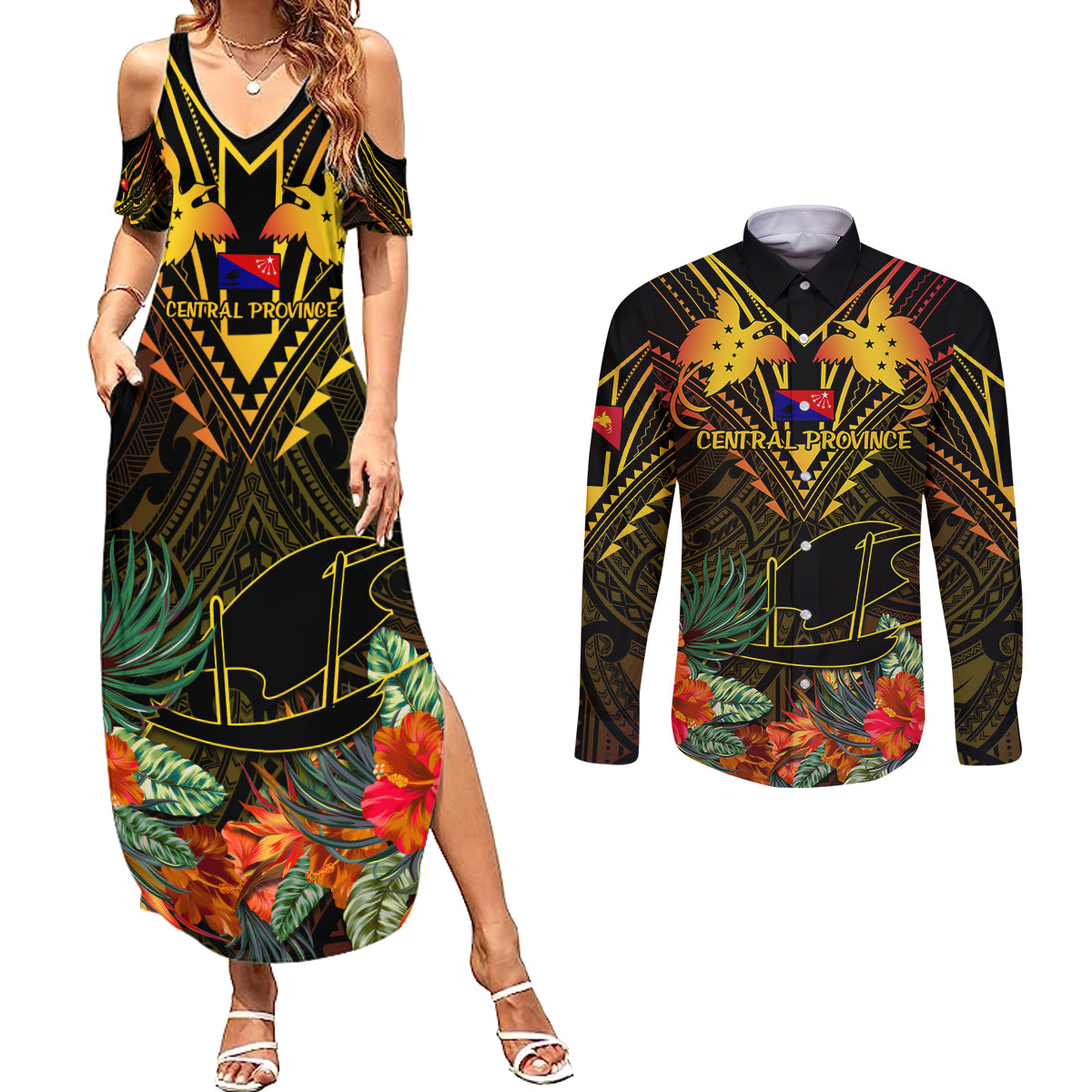 Papua New Guinea Central Province Couples Matching Summer Maxi Dress and Long Sleeve Button Shirts Papua Niugini Coat Of Arms With Flag Style LT14 Black - Polynesian Pride