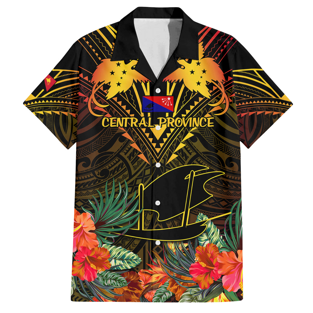 Papua New Guinea Central Province Family Matching Off Shoulder Long Sleeve Dress and Hawaiian Shirt Papua Niugini Coat Of Arms With Flag Style LT14 Dad's Shirt - Short Sleeve Black - Polynesian Pride