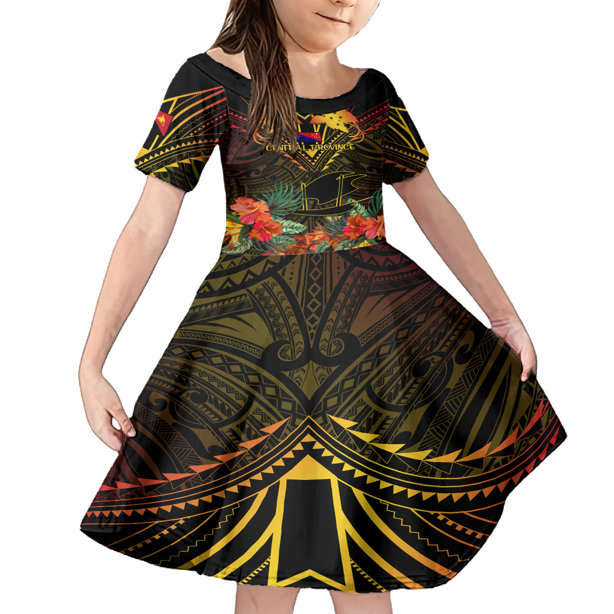 Papua New Guinea Central Province Kid Short Sleeve Dress Papua Niugini Coat Of Arms With Flag Style LT14 KID Black - Polynesian Pride