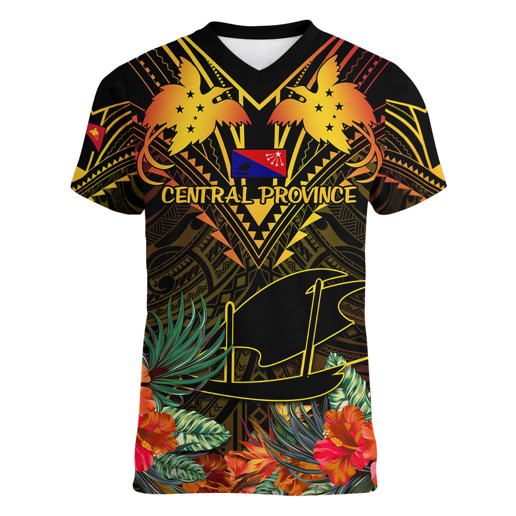 Papua New Guinea Central Province Women V Neck T Shirt Papua Niugini Coat Of Arms With Flag Style LT14 Female Black - Polynesian Pride