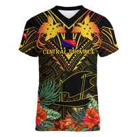 Papua New Guinea Central Province Women V Neck T Shirt Papua Niugini Coat Of Arms With Flag Style LT14 Female Black - Polynesian Pride