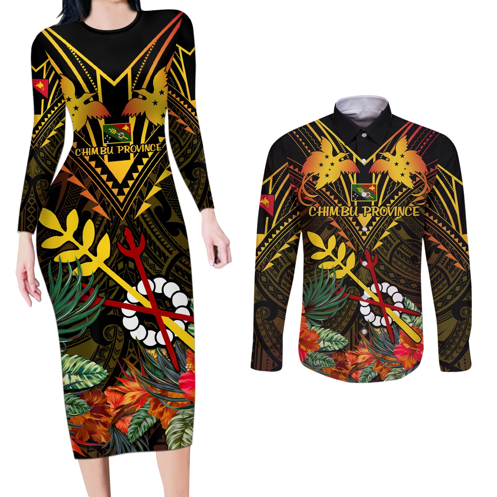 Papua New Guinea Chimbu Province Couples Matching Long Sleeve Bodycon Dress and Long Sleeve Button Shirts Papua Niugini Coat Of Arms With Flag Style LT14 Black - Polynesian Pride