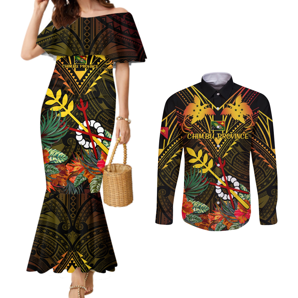 Papua New Guinea Chimbu Province Couples Matching Mermaid Dress and Long Sleeve Button Shirts Papua Niugini Coat Of Arms With Flag Style LT14 Black - Polynesian Pride