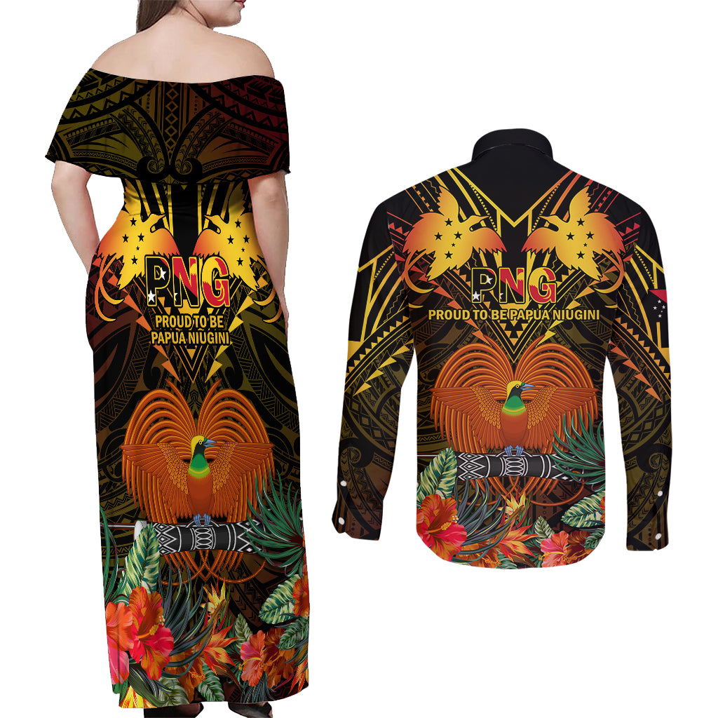 Papua New Guinea Chimbu Province Couples Matching Off Shoulder Maxi Dress and Long Sleeve Button Shirts Papua Niugini Coat Of Arms With Flag Style LT14 - Polynesian Pride