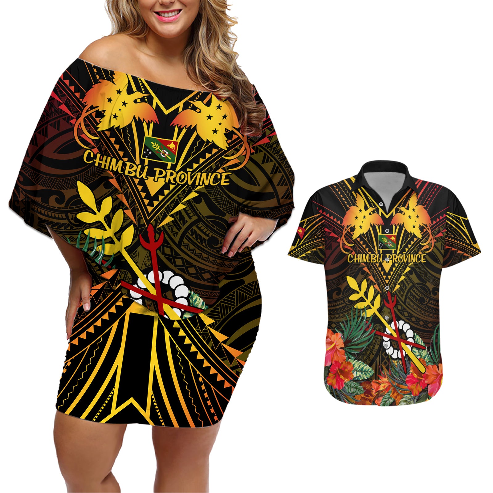 Papua New Guinea Chimbu Province Couples Matching Off Shoulder Short Dress and Hawaiian Shirt Papua Niugini Coat Of Arms With Flag Style LT14 Black - Polynesian Pride