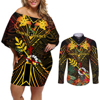 Papua New Guinea Chimbu Province Couples Matching Off Shoulder Short Dress and Long Sleeve Button Shirts Papua Niugini Coat Of Arms With Flag Style LT14 Black - Polynesian Pride