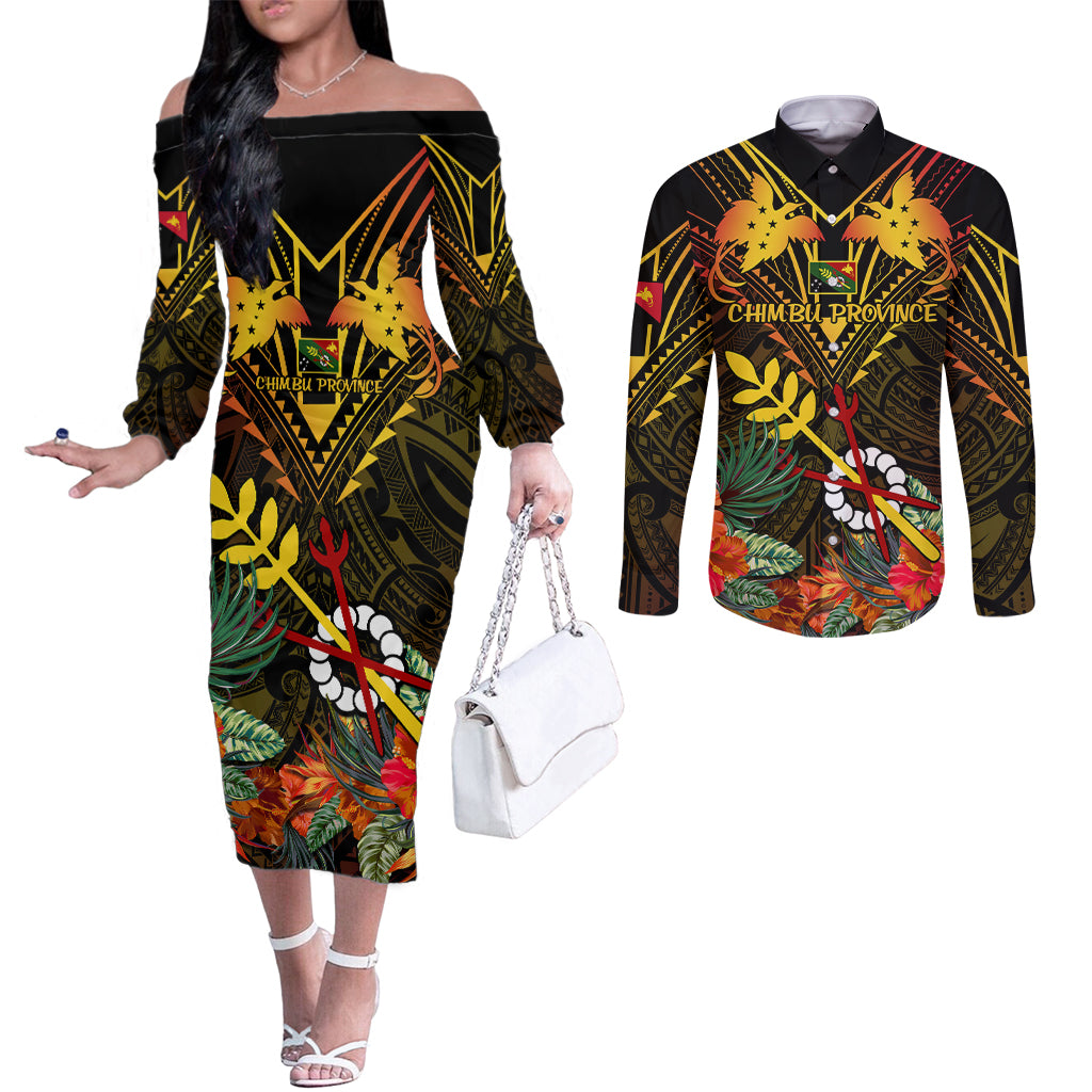 Papua New Guinea Chimbu Province Couples Matching Off The Shoulder Long Sleeve Dress and Long Sleeve Button Shirts Papua Niugini Coat Of Arms With Flag Style LT14 Black - Polynesian Pride