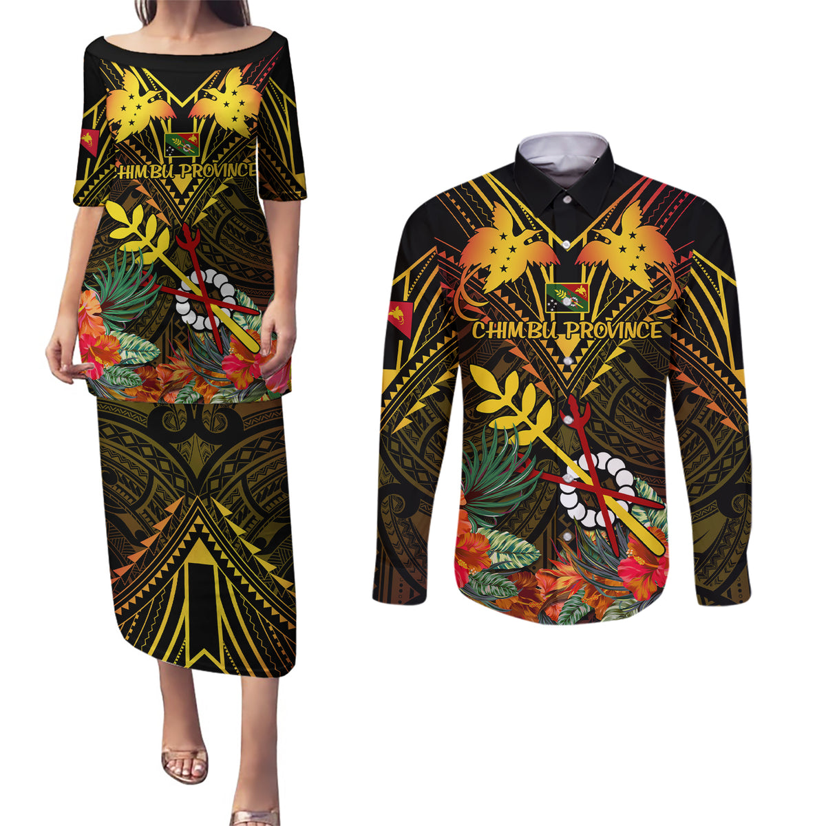 Papua New Guinea Chimbu Province Couples Matching Puletasi Dress and Long Sleeve Button Shirts Papua Niugini Coat Of Arms With Flag Style LT14 Black - Polynesian Pride