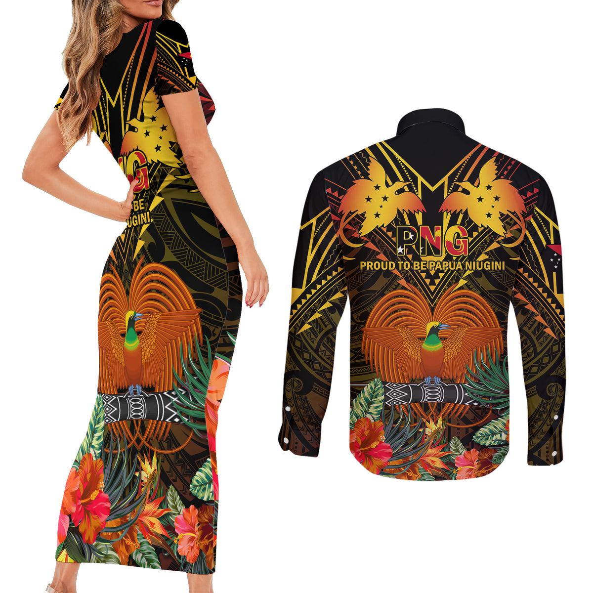 Papua New Guinea Chimbu Province Couples Matching Short Sleeve Bodycon Dress and Long Sleeve Button Shirts Papua Niugini Coat Of Arms With Flag Style LT14 - Polynesian Pride