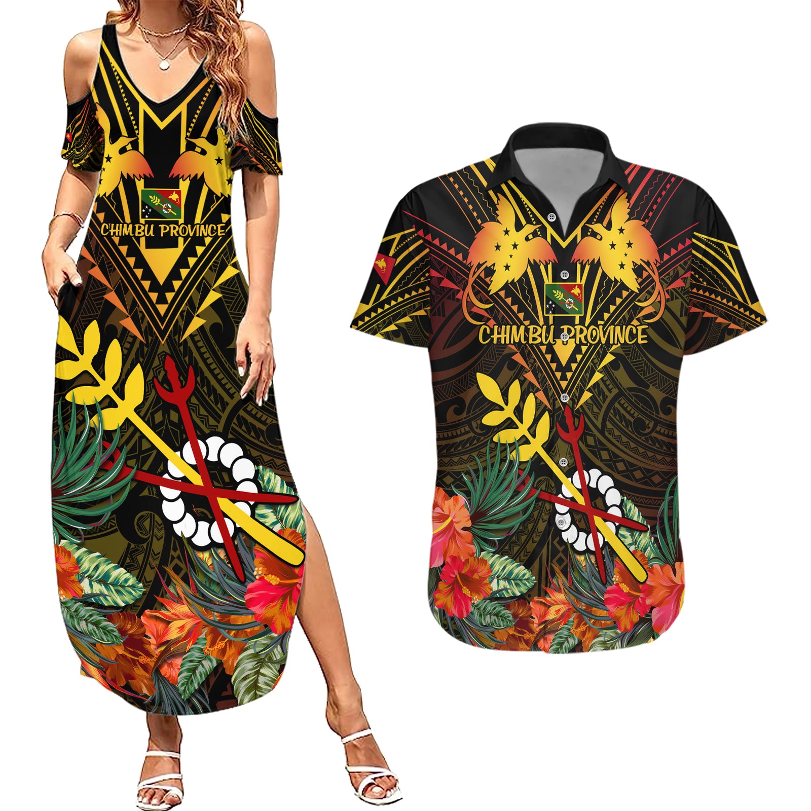 Papua New Guinea Chimbu Province Couples Matching Summer Maxi Dress and Hawaiian Shirt Papua Niugini Coat Of Arms With Flag Style LT14 Black - Polynesian Pride