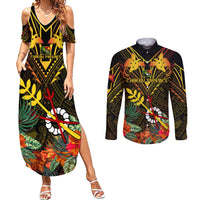 Papua New Guinea Chimbu Province Couples Matching Summer Maxi Dress and Long Sleeve Button Shirts Papua Niugini Coat Of Arms With Flag Style LT14 Black - Polynesian Pride