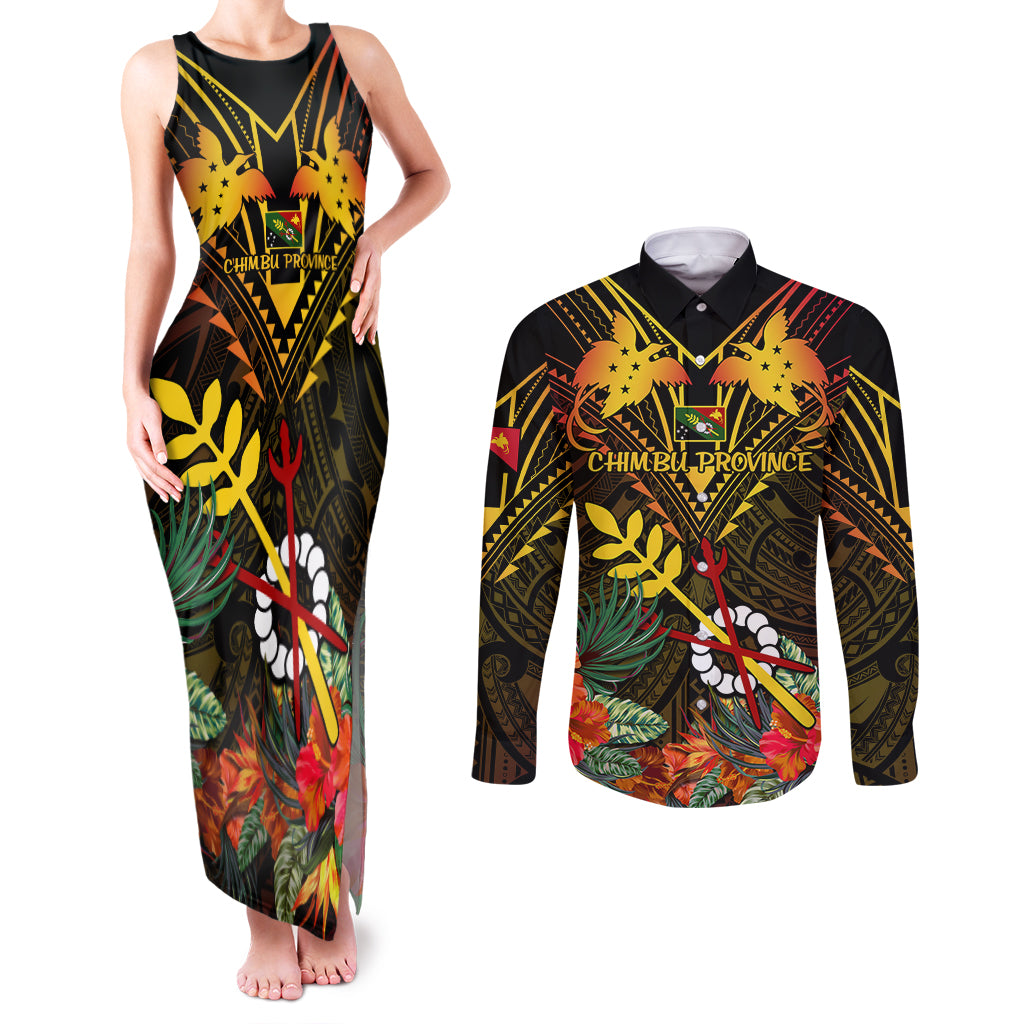 Papua New Guinea Chimbu Province Couples Matching Tank Maxi Dress and Long Sleeve Button Shirts Papua Niugini Coat Of Arms With Flag Style LT14 Black - Polynesian Pride