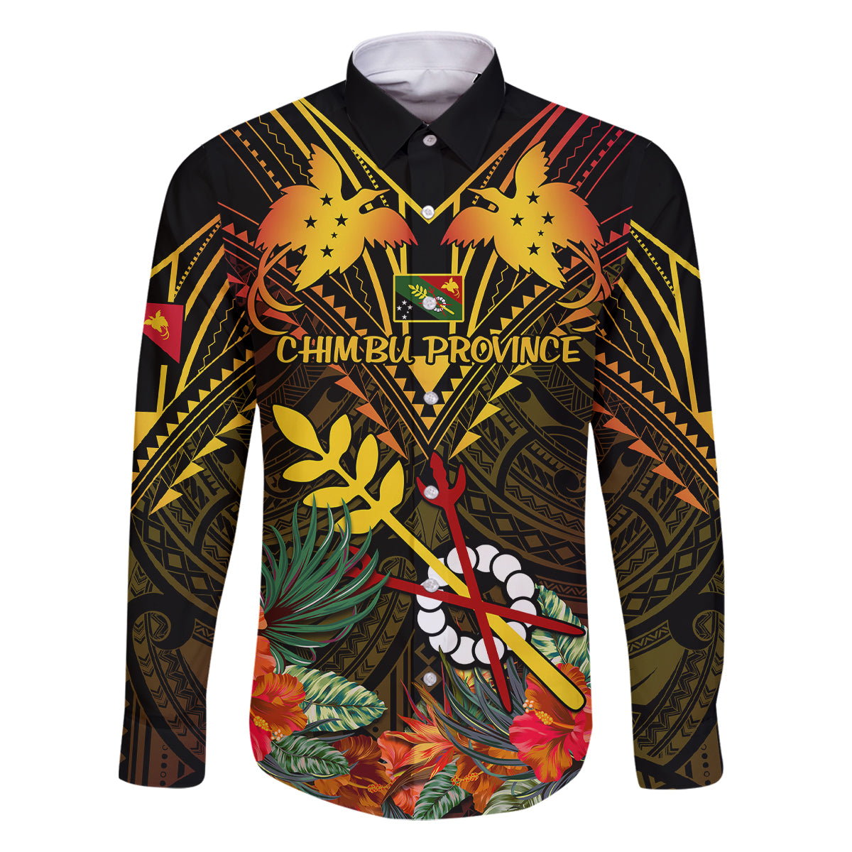 Papua New Guinea Chimbu Province Family Matching Puletasi Dress and Hawaiian Shirt Papua Niugini Coat Of Arms With Flag Style LT14 Dad's Shirt - Long Sleeve Black - Polynesian Pride