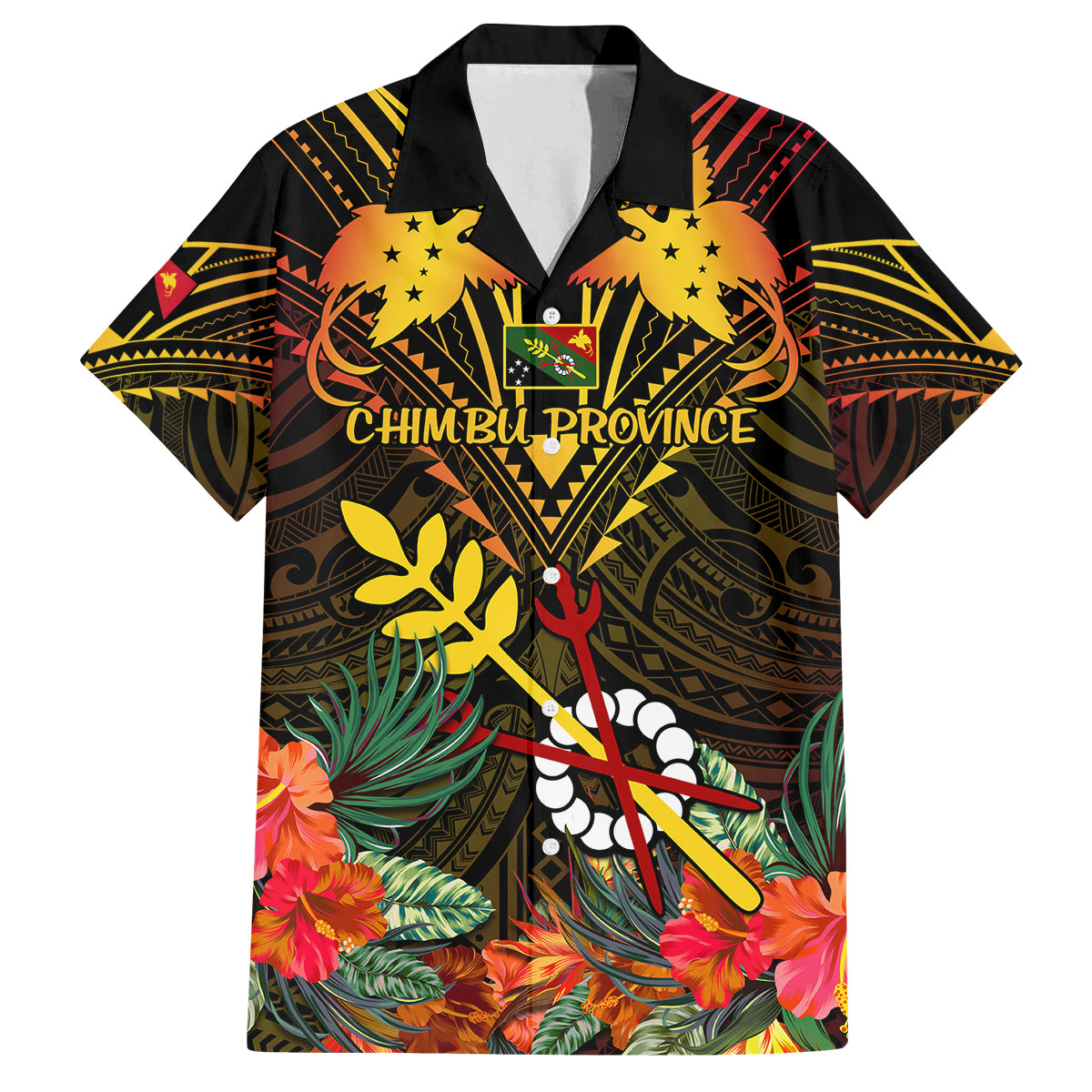 Papua New Guinea Chimbu Province Family Matching Tank Maxi Dress and Hawaiian Shirt Papua Niugini Coat Of Arms With Flag Style LT14 Dad's Shirt - Short Sleeve Black - Polynesian Pride