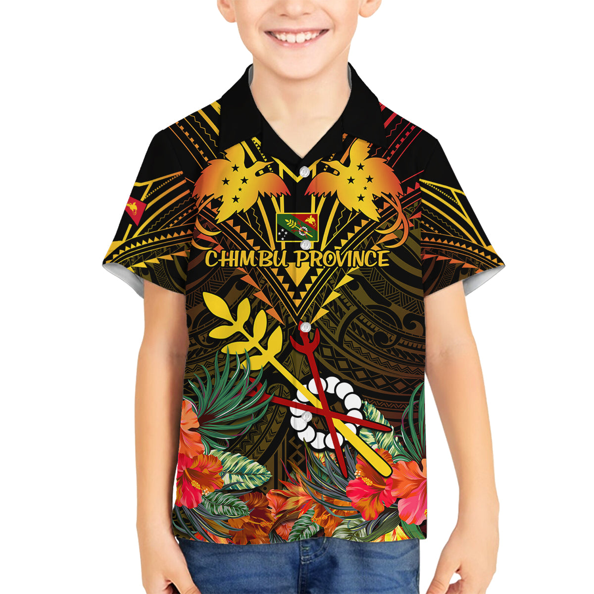 Papua New Guinea Chimbu Province Family Matching Tank Maxi Dress and Hawaiian Shirt Papua Niugini Coat Of Arms With Flag Style LT14 Son's Shirt Black - Polynesian Pride
