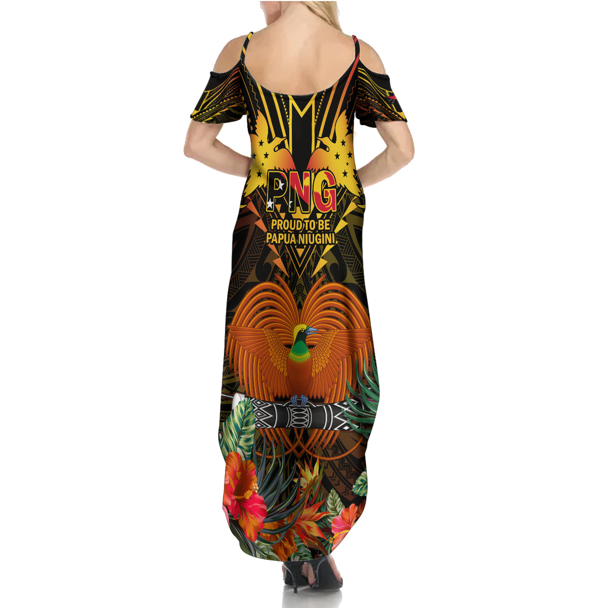 Papua New Guinea Chimbu Province Summer Maxi Dress Papua Niugini Coat Of Arms With Flag Style LT14 - Polynesian Pride