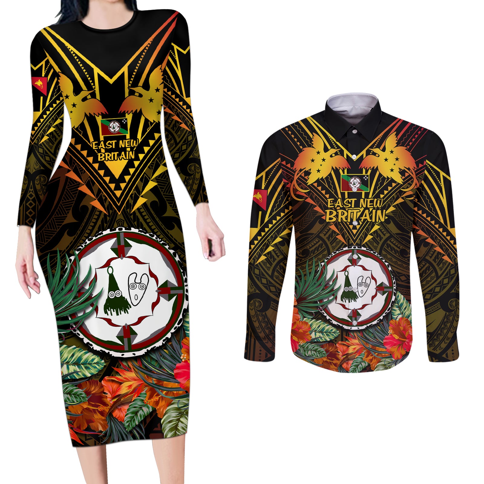 Papua New Guinea East New Britain Province Couples Matching Long Sleeve Bodycon Dress and Long Sleeve Button Shirts Papua Niugini Coat Of Arms With Flag Style LT14 Black - Polynesian Pride