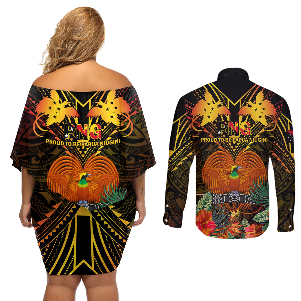 Papua New Guinea East New Britain Province Couples Matching Off Shoulder Short Dress and Long Sleeve Button Shirts Papua Niugini Coat Of Arms With Flag Style LT14 - Polynesian Pride