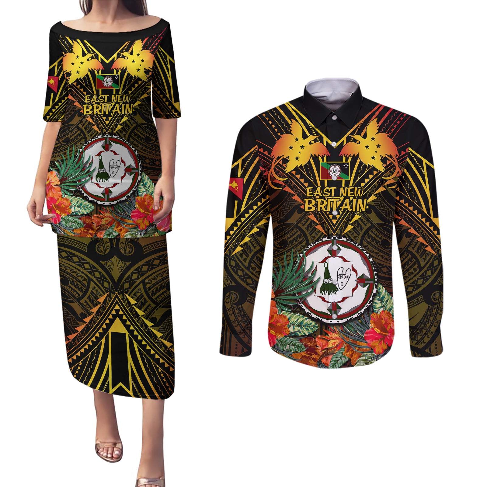Papua New Guinea East New Britain Province Couples Matching Puletasi Dress and Long Sleeve Button Shirts Papua Niugini Coat Of Arms With Flag Style LT14 Black - Polynesian Pride