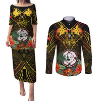 Papua New Guinea East New Britain Province Couples Matching Puletasi Dress and Long Sleeve Button Shirts Papua Niugini Coat Of Arms With Flag Style LT14 Black - Polynesian Pride