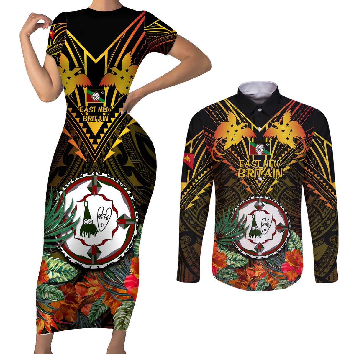 Papua New Guinea East New Britain Province Couples Matching Short Sleeve Bodycon Dress and Long Sleeve Button Shirts Papua Niugini Coat Of Arms With Flag Style LT14 Black - Polynesian Pride