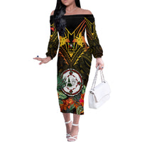 Papua New Guinea East New Britain Province Family Matching Off Shoulder Long Sleeve Dress and Hawaiian Shirt Papua Niugini Coat Of Arms With Flag Style LT14 Mom's Dress Black - Polynesian Pride