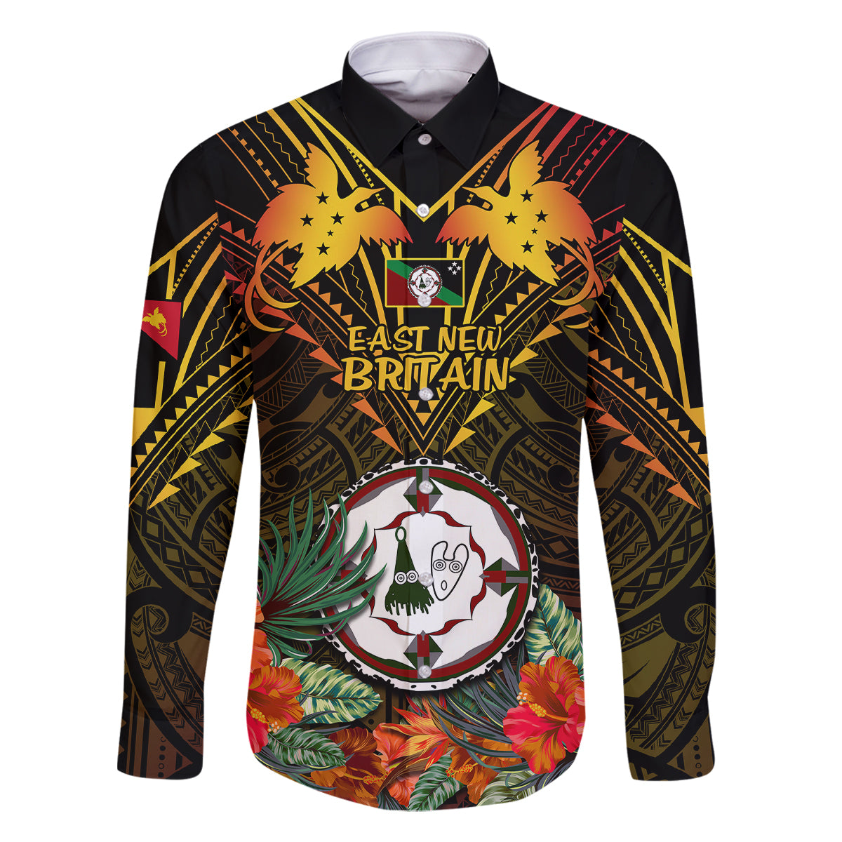 Papua New Guinea East New Britain Province Family Matching Off Shoulder Short Dress and Hawaiian Shirt Papua Niugini Coat Of Arms With Flag Style LT14 Dad's Shirt - Long Sleeve Black - Polynesian Pride
