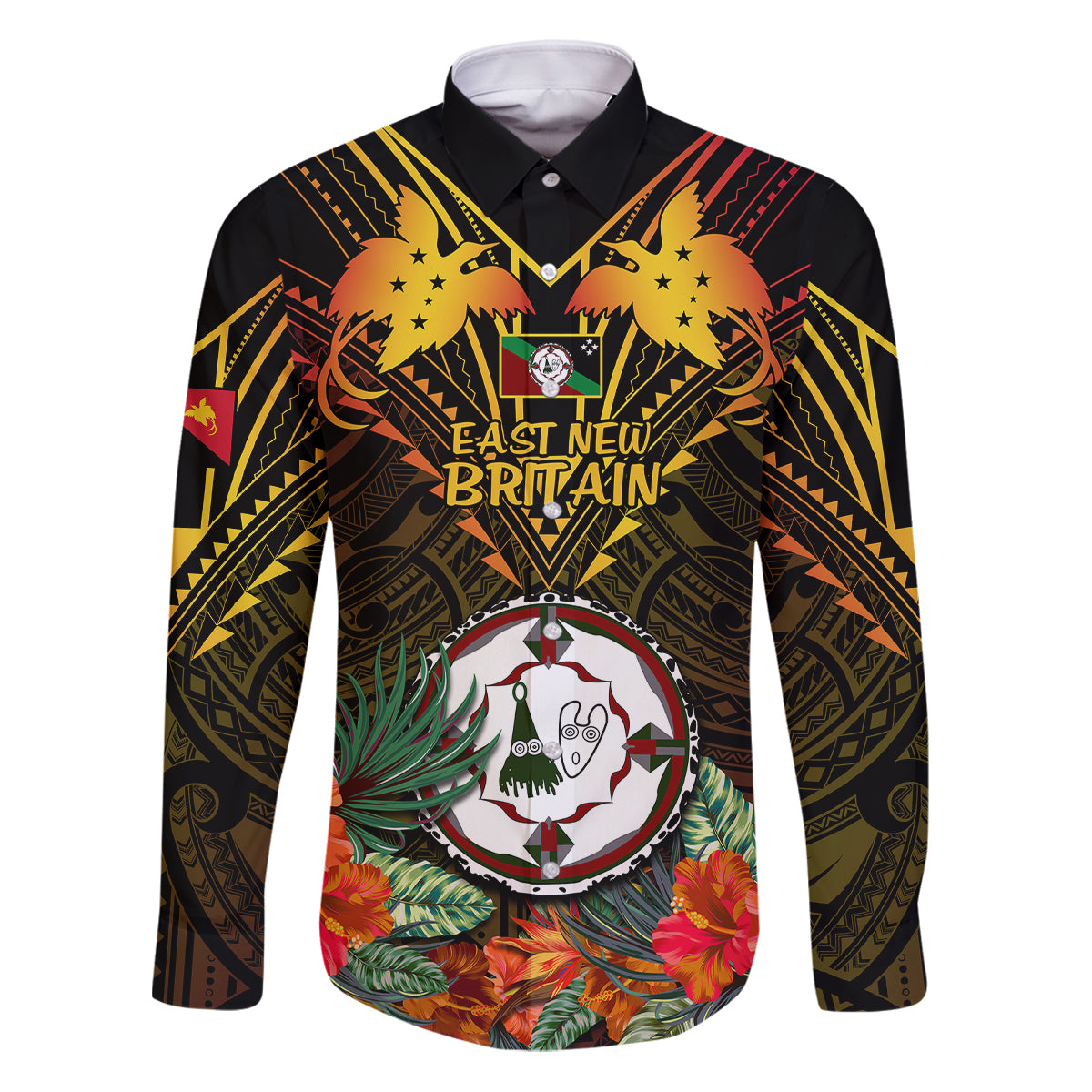 Papua New Guinea East New Britain Province Family Matching Puletasi Dress and Hawaiian Shirt Papua Niugini Coat Of Arms With Flag Style LT14 Dad's Shirt - Long Sleeve Black - Polynesian Pride