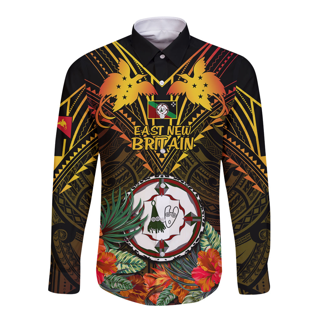 Papua New Guinea East New Britain Province Long Sleeve Button Shirt Papua Niugini Coat Of Arms With Flag Style LT14 Unisex Black - Polynesian Pride