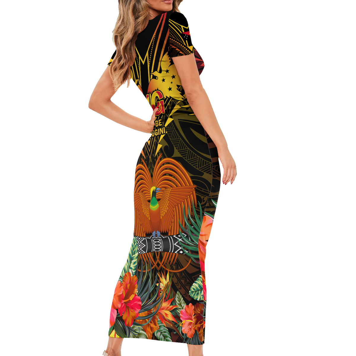 Papua New Guinea East New Britain Province Short Sleeve Bodycon Dress Papua Niugini Coat Of Arms With Flag Style LT14 - Polynesian Pride