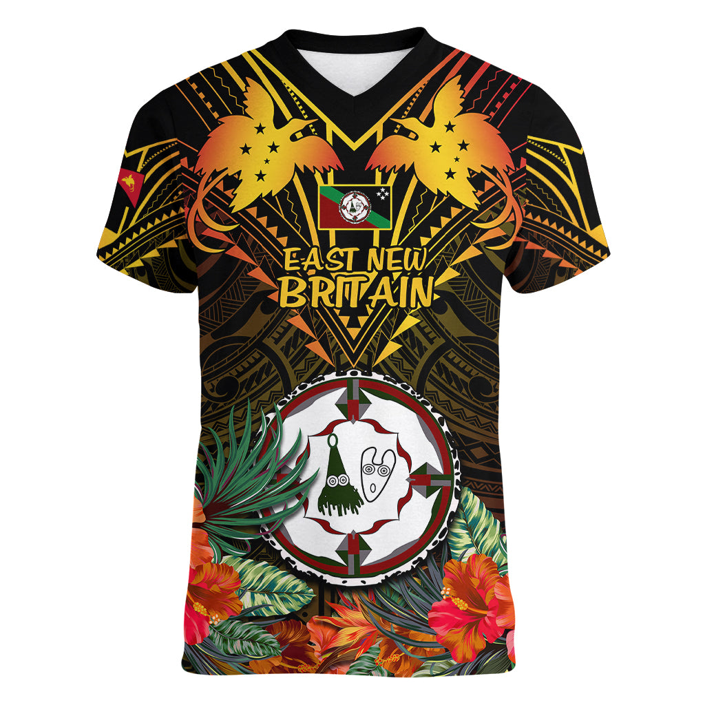 Papua New Guinea East New Britain Province Women V Neck T Shirt Papua Niugini Coat Of Arms With Flag Style LT14 Female Black - Polynesian Pride