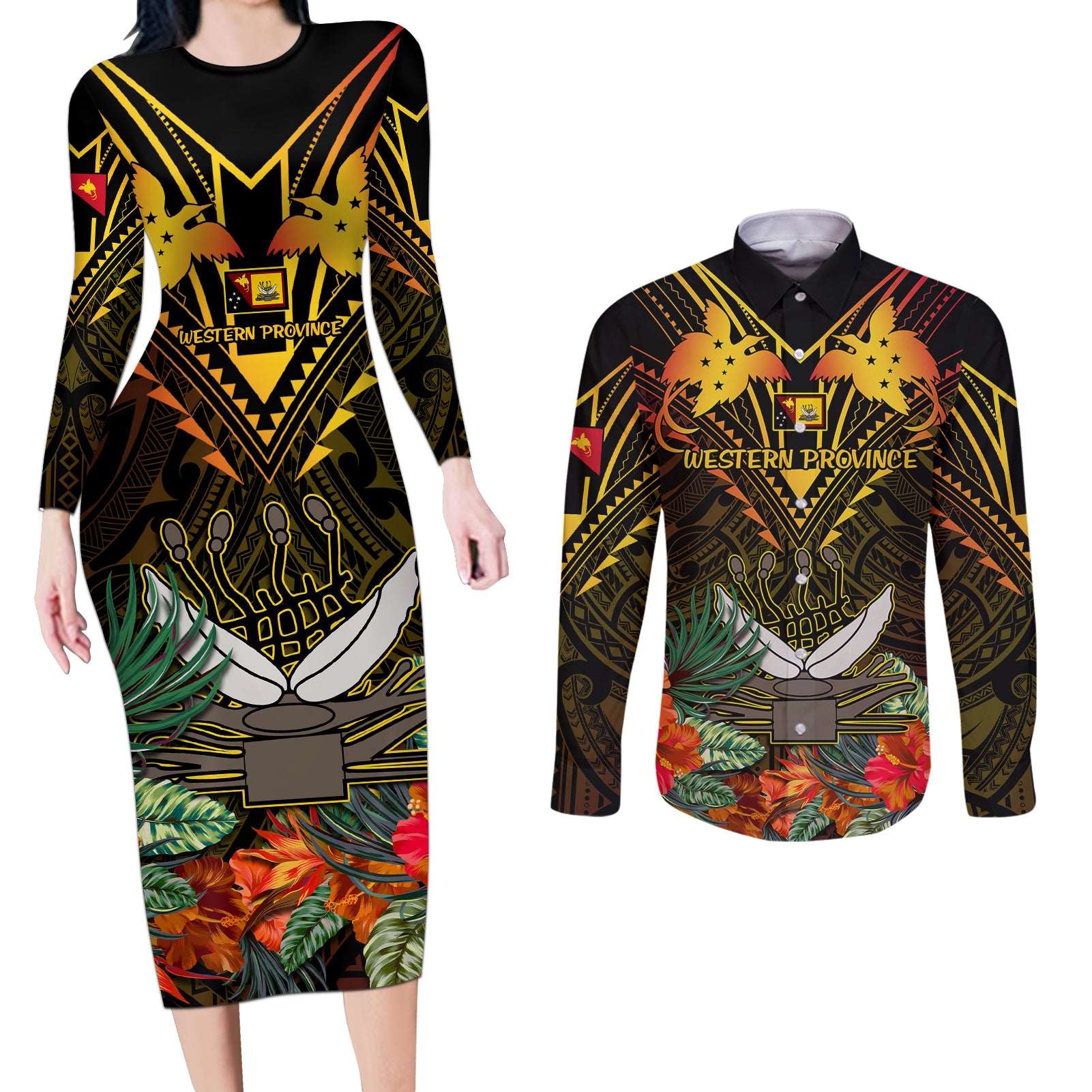 Papua New Guinea Western Province Couples Matching Long Sleeve Bodycon Dress and Long Sleeve Button Shirts Papua Niugini Coat Of Arms With Flag Style LT14 Black - Polynesian Pride