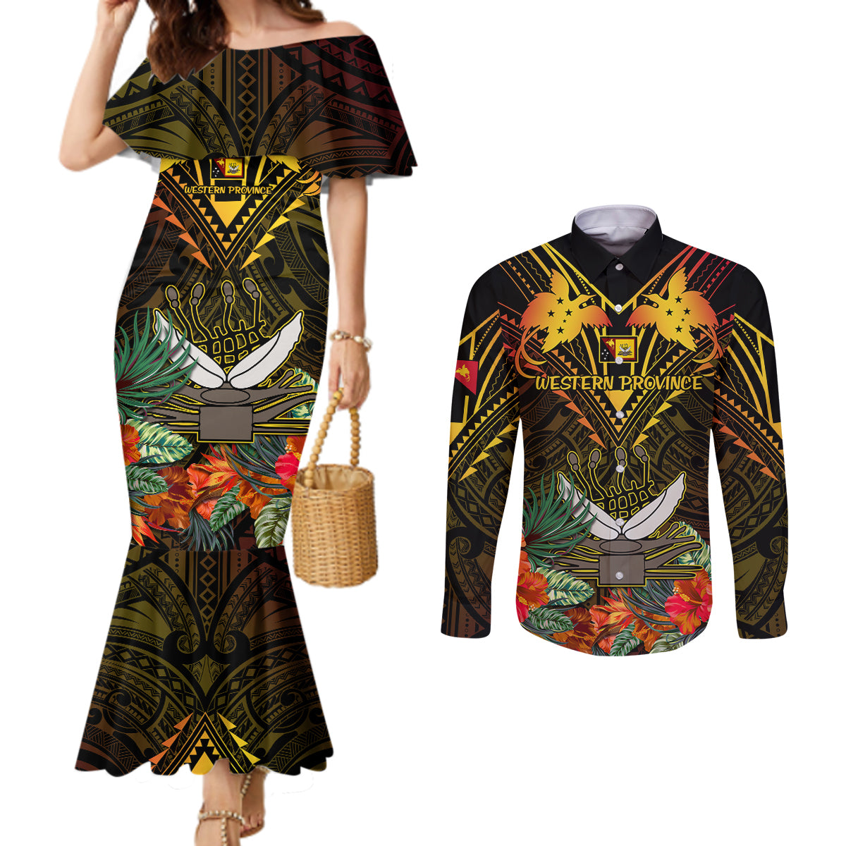 Papua New Guinea Western Province Couples Matching Mermaid Dress and Long Sleeve Button Shirts Papua Niugini Coat Of Arms With Flag Style LT14 Black - Polynesian Pride