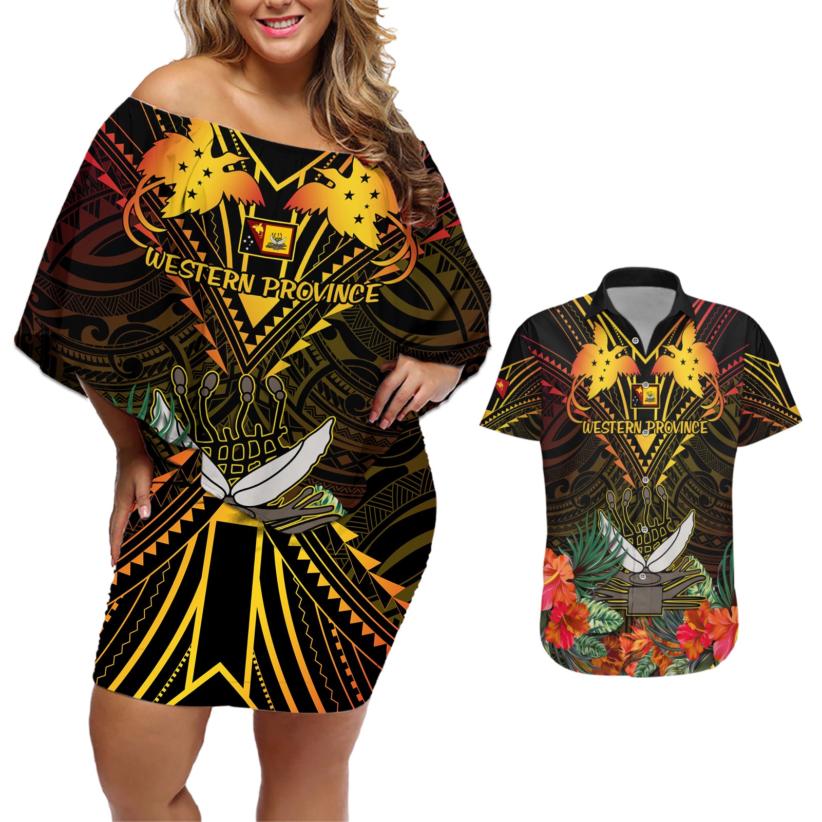 Papua New Guinea Western Province Couples Matching Off Shoulder Short Dress and Hawaiian Shirt Papua Niugini Coat Of Arms With Flag Style LT14 Black - Polynesian Pride