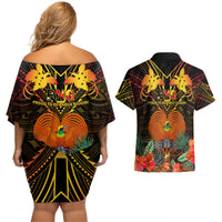 Papua New Guinea Western Province Couples Matching Off Shoulder Short Dress and Hawaiian Shirt Papua Niugini Coat Of Arms With Flag Style LT14 - Polynesian Pride