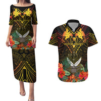 Papua New Guinea Western Province Couples Matching Puletasi Dress and Hawaiian Shirt Papua Niugini Coat Of Arms With Flag Style LT14 Black - Polynesian Pride