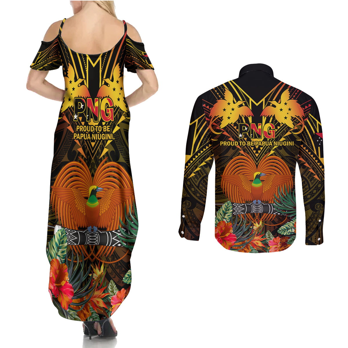 Papua New Guinea Western Province Couples Matching Summer Maxi Dress and Long Sleeve Button Shirts Papua Niugini Coat Of Arms With Flag Style LT14 - Polynesian Pride