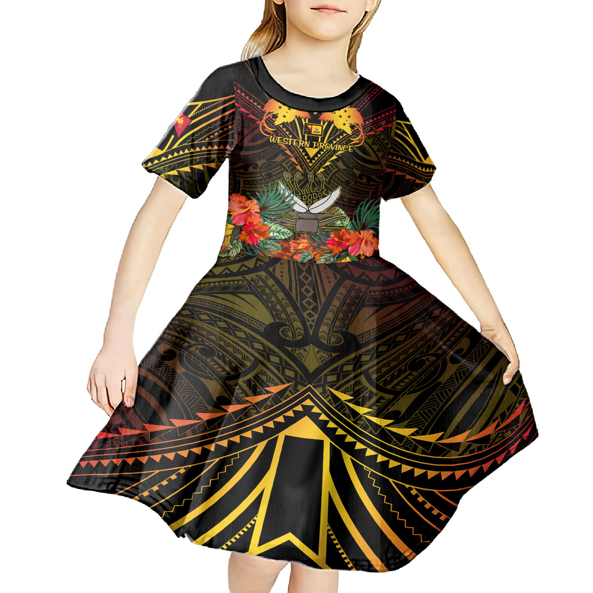 Papua New Guinea Western Province Kid Short Sleeve Dress Papua Niugini Coat Of Arms With Flag Style LT14 - Polynesian Pride