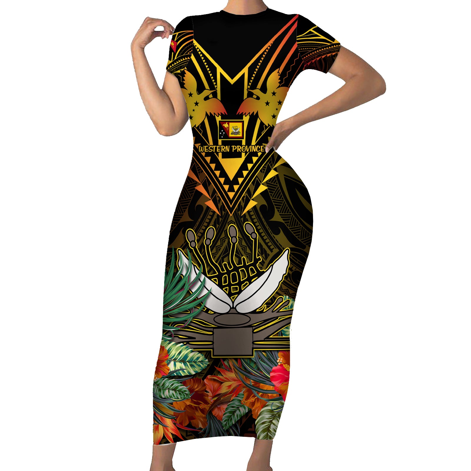 Papua New Guinea Western Province Short Sleeve Bodycon Dress Papua Niugini Coat Of Arms With Flag Style LT14 Long Dress Black - Polynesian Pride