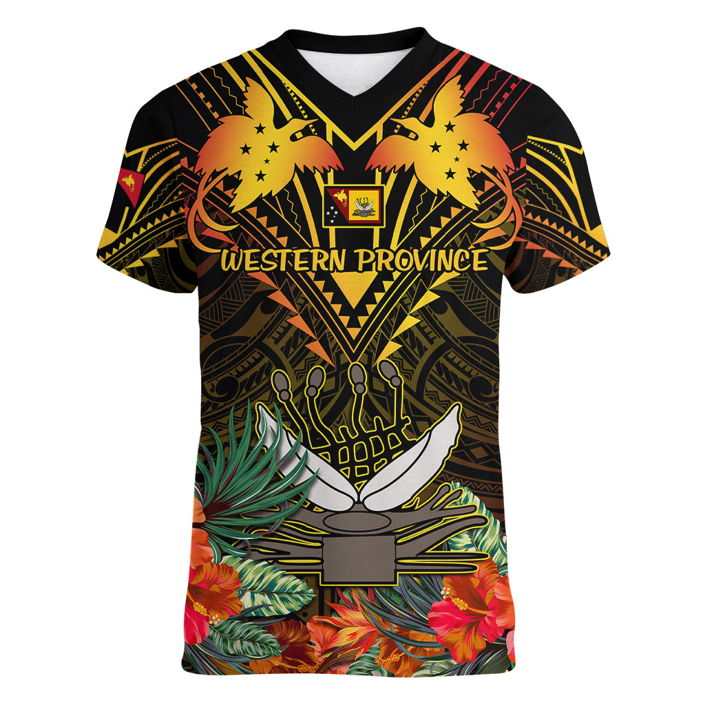 Papua New Guinea Western Province Women V Neck T Shirt Papua Niugini Coat Of Arms With Flag Style LT14 Female Black - Polynesian Pride