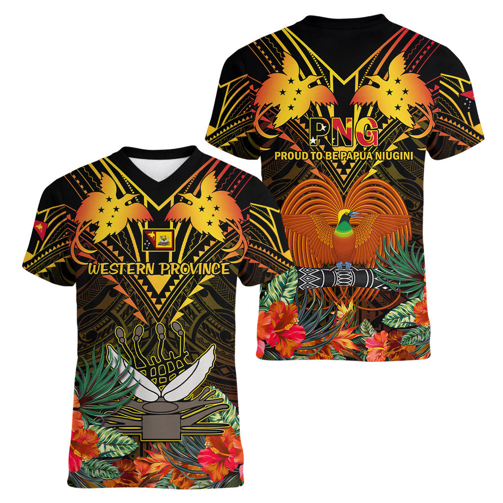 Papua New Guinea Western Province Women V Neck T Shirt Papua Niugini Coat Of Arms With Flag Style LT14 - Polynesian Pride